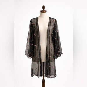 POL Sheer Black Floral Embroidered Kimono Sz M/L